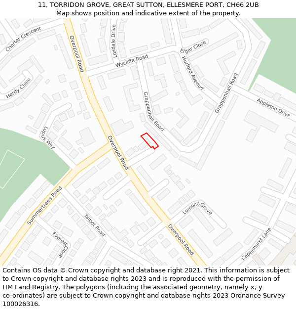 11, TORRIDON GROVE, GREAT SUTTON, ELLESMERE PORT, CH66 2UB: Location map and indicative extent of plot