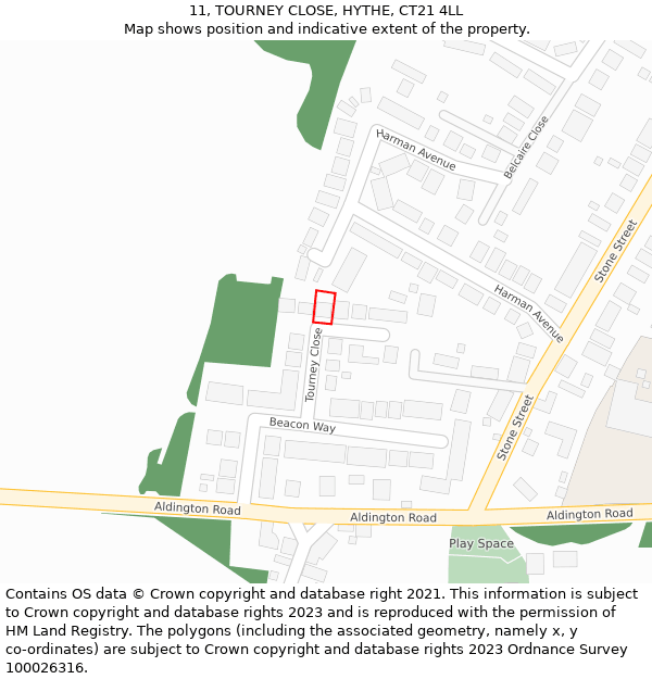 11, TOURNEY CLOSE, HYTHE, CT21 4LL: Location map and indicative extent of plot