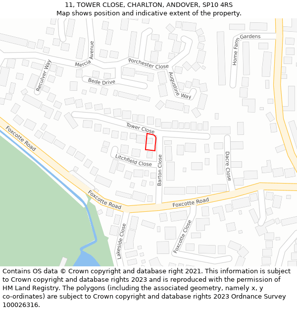 11, TOWER CLOSE, CHARLTON, ANDOVER, SP10 4RS: Location map and indicative extent of plot