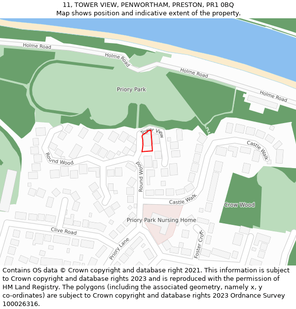 11, TOWER VIEW, PENWORTHAM, PRESTON, PR1 0BQ: Location map and indicative extent of plot