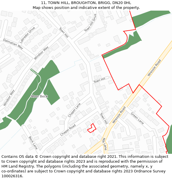 11, TOWN HILL, BROUGHTON, BRIGG, DN20 0HL: Location map and indicative extent of plot