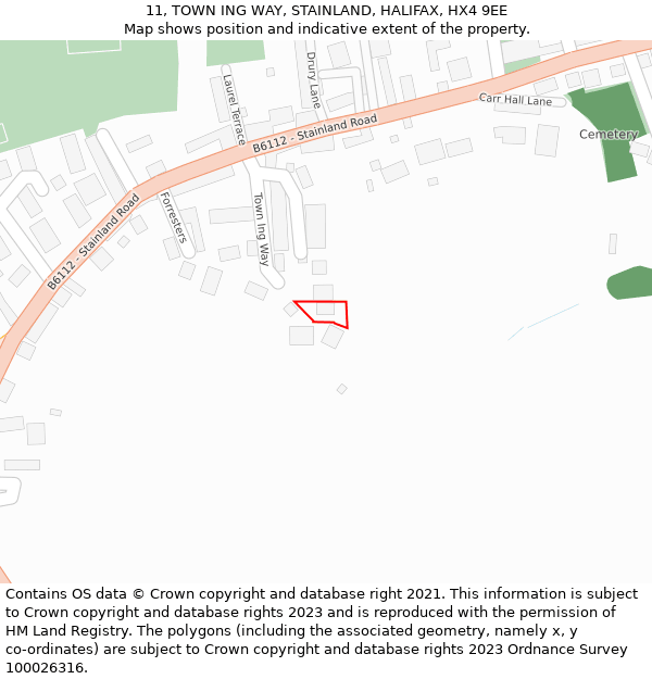 11, TOWN ING WAY, STAINLAND, HALIFAX, HX4 9EE: Location map and indicative extent of plot