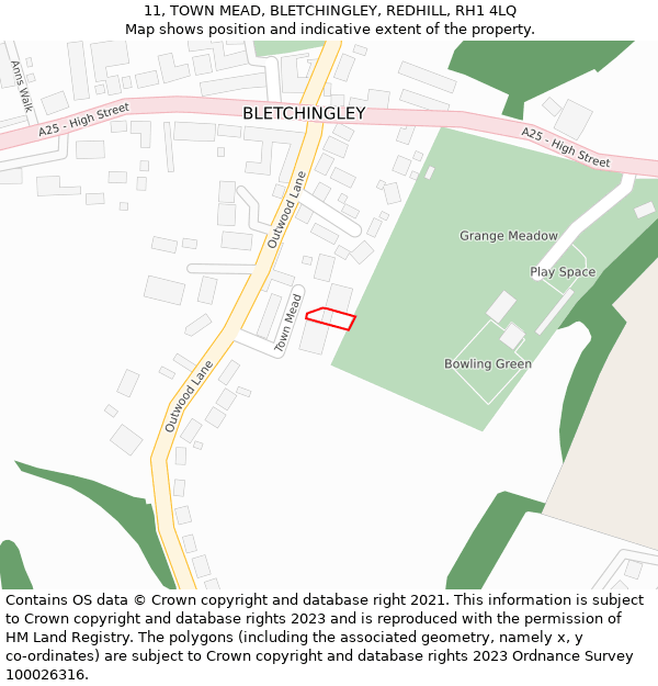 11, TOWN MEAD, BLETCHINGLEY, REDHILL, RH1 4LQ: Location map and indicative extent of plot