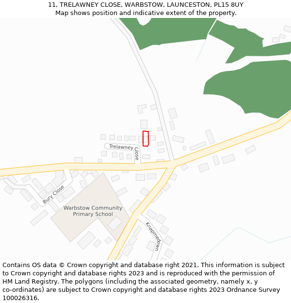 11, TRELAWNEY CLOSE, WARBSTOW, LAUNCESTON, PL15 8UY: Location map and indicative extent of plot