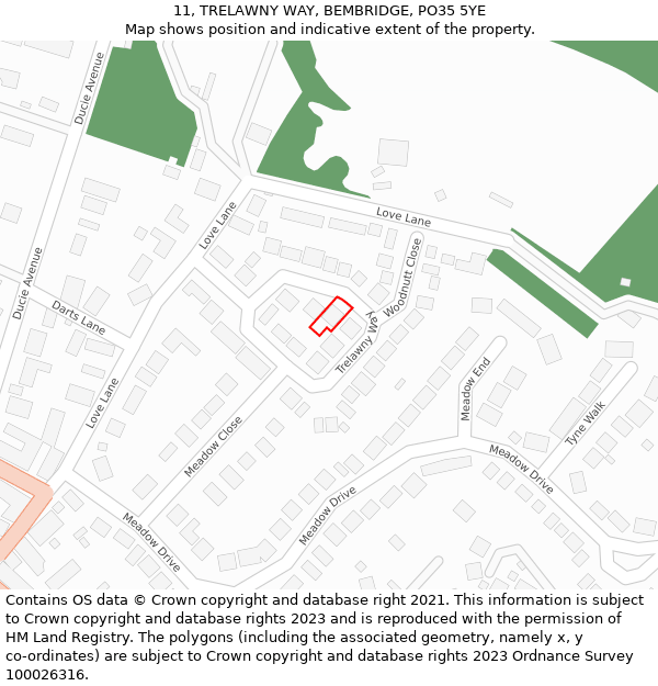 11, TRELAWNY WAY, BEMBRIDGE, PO35 5YE: Location map and indicative extent of plot