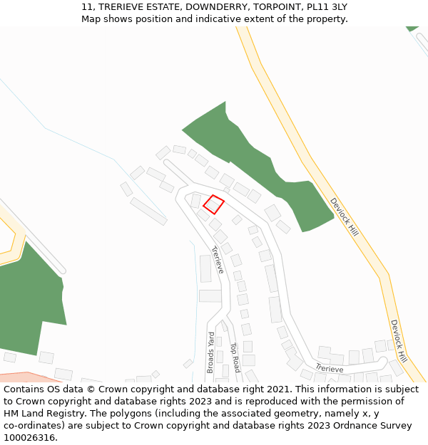 11, TRERIEVE ESTATE, DOWNDERRY, TORPOINT, PL11 3LY: Location map and indicative extent of plot