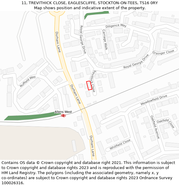 11, TREVITHICK CLOSE, EAGLESCLIFFE, STOCKTON-ON-TEES, TS16 0RY: Location map and indicative extent of plot