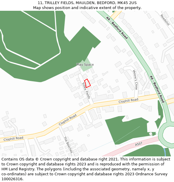 11, TRILLEY FIELDS, MAULDEN, BEDFORD, MK45 2US: Location map and indicative extent of plot