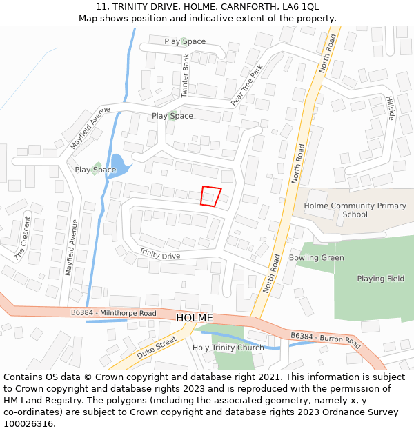 11, TRINITY DRIVE, HOLME, CARNFORTH, LA6 1QL: Location map and indicative extent of plot