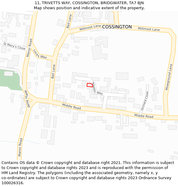 11, TRIVETTS WAY, COSSINGTON, BRIDGWATER, TA7 8JN: Location map and indicative extent of plot