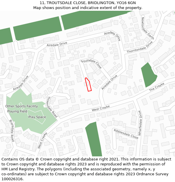 11, TROUTSDALE CLOSE, BRIDLINGTON, YO16 6GN: Location map and indicative extent of plot