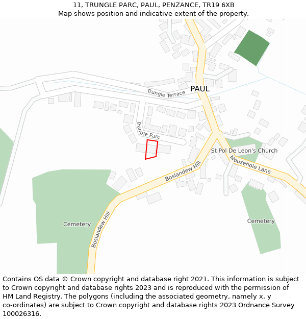 11, TRUNGLE PARC, PAUL, PENZANCE, TR19 6XB: Location map and indicative extent of plot