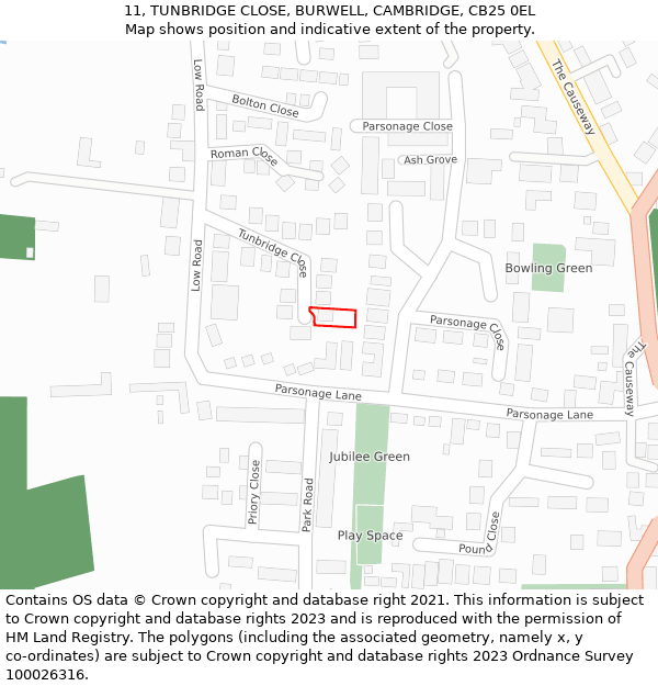 11, TUNBRIDGE CLOSE, BURWELL, CAMBRIDGE, CB25 0EL: Location map and indicative extent of plot