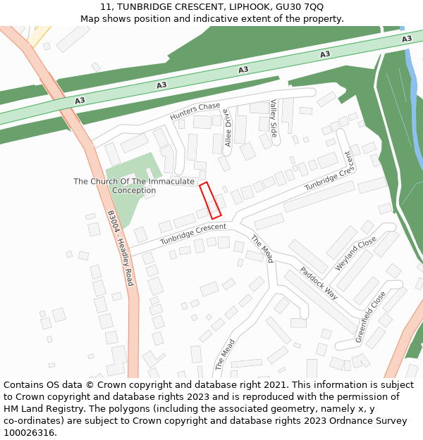 11, TUNBRIDGE CRESCENT, LIPHOOK, GU30 7QQ: Location map and indicative extent of plot