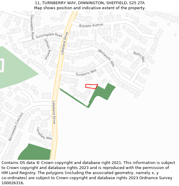 11, TURNBERRY WAY, DINNINGTON, SHEFFIELD, S25 2TA: Location map and indicative extent of plot