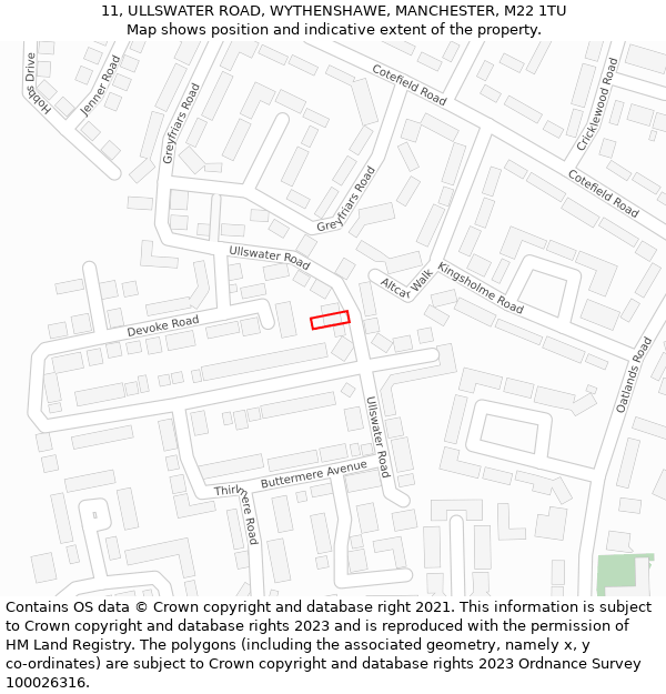 11, ULLSWATER ROAD, WYTHENSHAWE, MANCHESTER, M22 1TU: Location map and indicative extent of plot