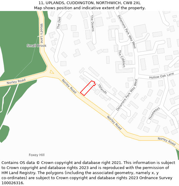 11, UPLANDS, CUDDINGTON, NORTHWICH, CW8 2XL: Location map and indicative extent of plot