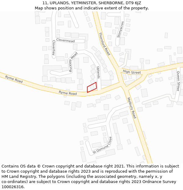 11, UPLANDS, YETMINSTER, SHERBORNE, DT9 6JZ: Location map and indicative extent of plot
