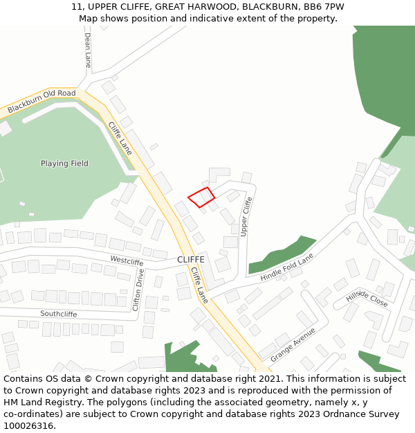 11, UPPER CLIFFE, GREAT HARWOOD, BLACKBURN, BB6 7PW: Location map and indicative extent of plot
