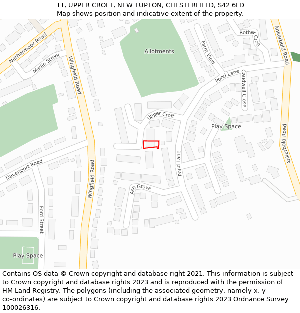 11, UPPER CROFT, NEW TUPTON, CHESTERFIELD, S42 6FD: Location map and indicative extent of plot