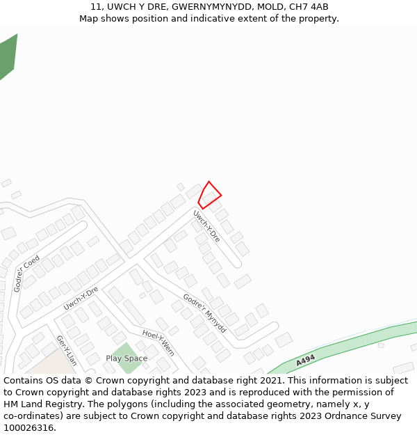 11, UWCH Y DRE, GWERNYMYNYDD, MOLD, CH7 4AB: Location map and indicative extent of plot