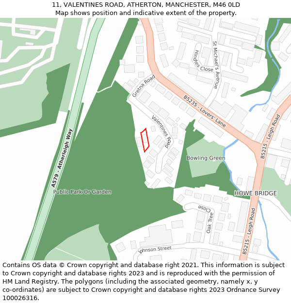 11, VALENTINES ROAD, ATHERTON, MANCHESTER, M46 0LD: Location map and indicative extent of plot