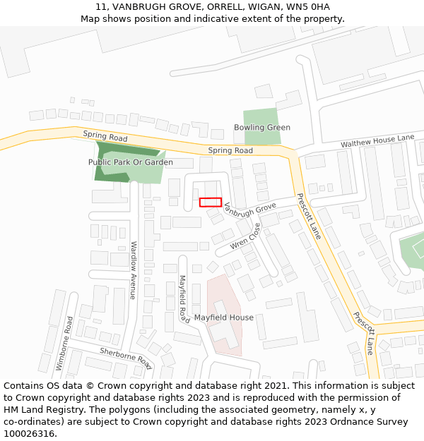 11, VANBRUGH GROVE, ORRELL, WIGAN, WN5 0HA: Location map and indicative extent of plot