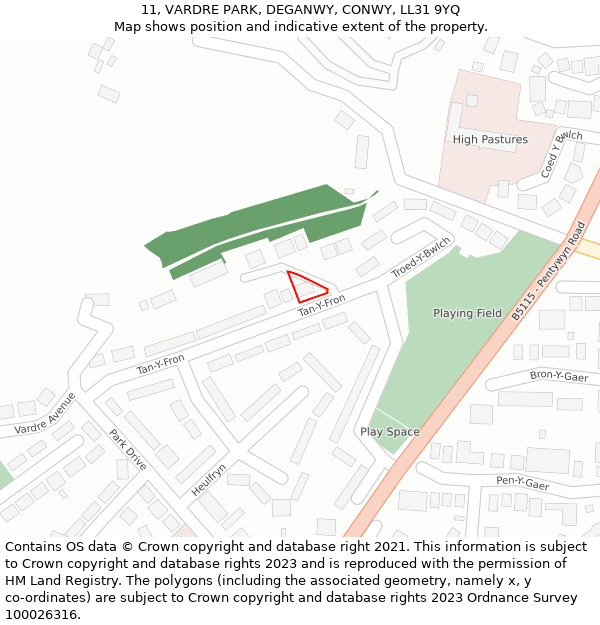 11, VARDRE PARK, DEGANWY, CONWY, LL31 9YQ: Location map and indicative extent of plot