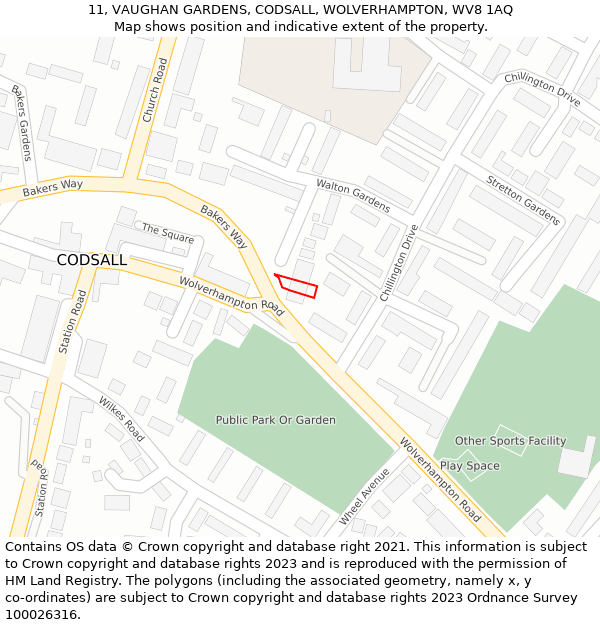 11, VAUGHAN GARDENS, CODSALL, WOLVERHAMPTON, WV8 1AQ: Location map and indicative extent of plot