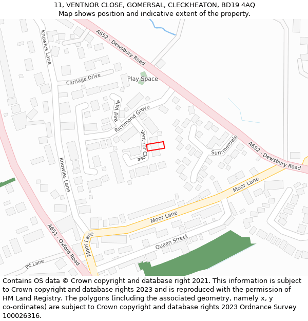 11, VENTNOR CLOSE, GOMERSAL, CLECKHEATON, BD19 4AQ: Location map and indicative extent of plot