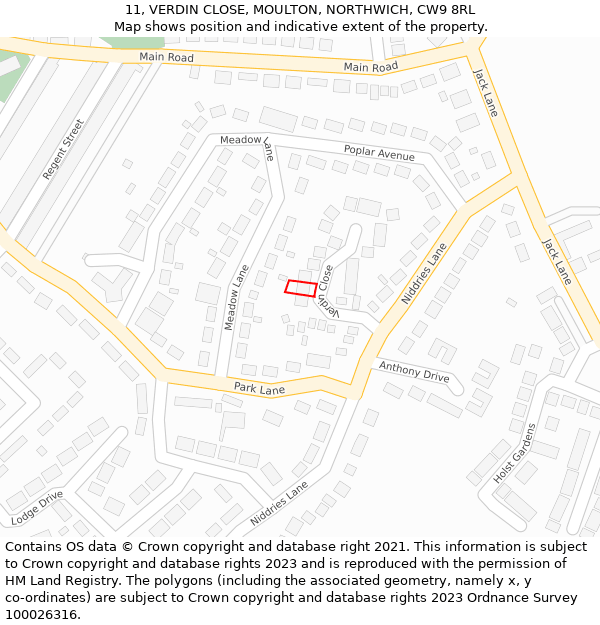 11, VERDIN CLOSE, MOULTON, NORTHWICH, CW9 8RL: Location map and indicative extent of plot