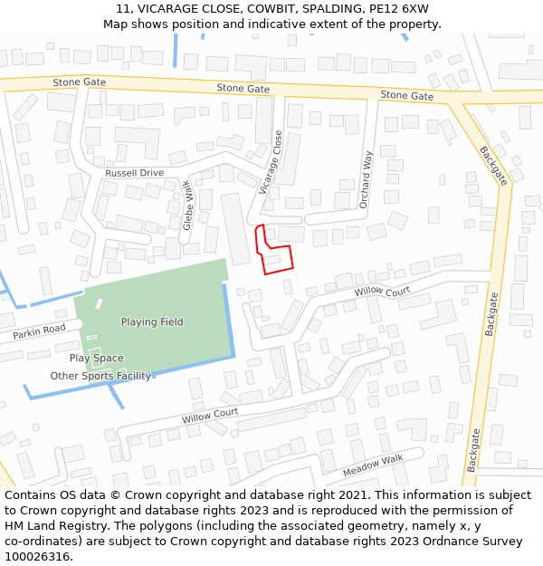 11, VICARAGE CLOSE, COWBIT, SPALDING, PE12 6XW: Location map and indicative extent of plot