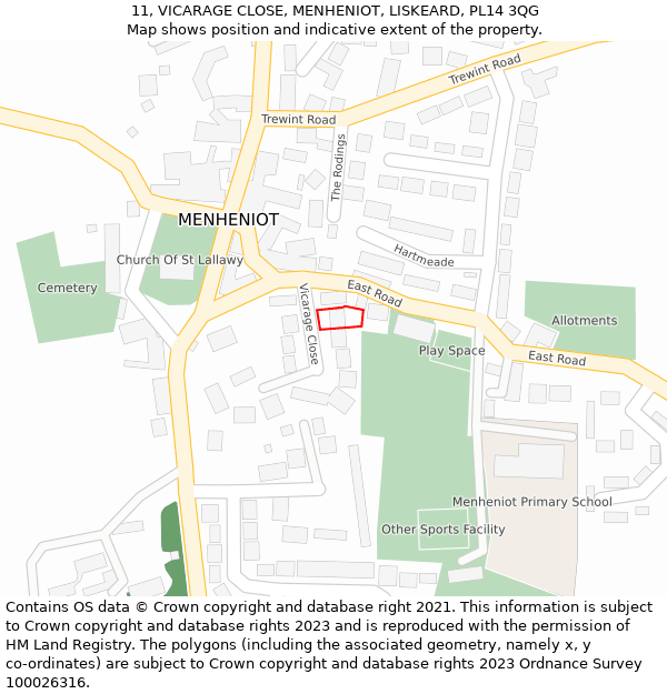 11, VICARAGE CLOSE, MENHENIOT, LISKEARD, PL14 3QG: Location map and indicative extent of plot