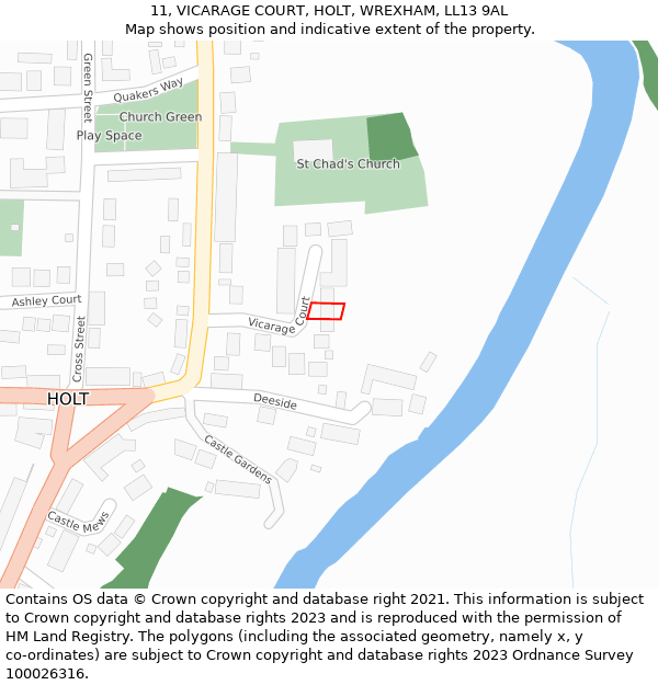 11, VICARAGE COURT, HOLT, WREXHAM, LL13 9AL: Location map and indicative extent of plot