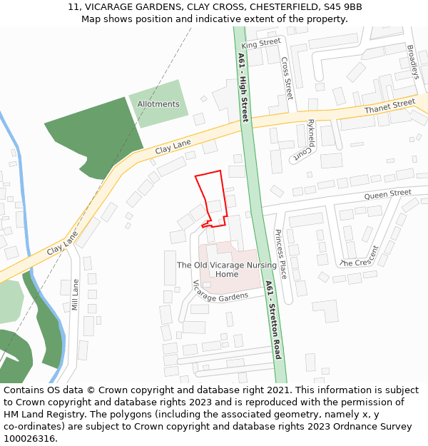 11, VICARAGE GARDENS, CLAY CROSS, CHESTERFIELD, S45 9BB: Location map and indicative extent of plot