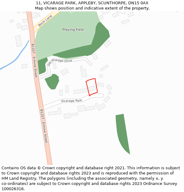 11, VICARAGE PARK, APPLEBY, SCUNTHORPE, DN15 0AX: Location map and indicative extent of plot