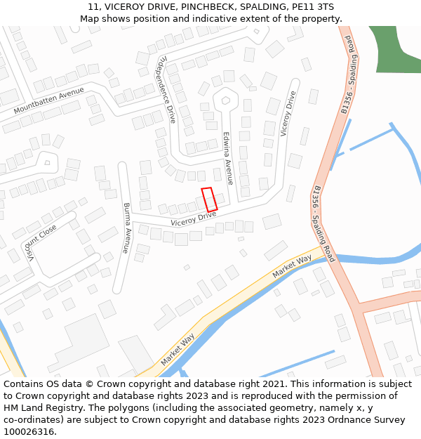 11, VICEROY DRIVE, PINCHBECK, SPALDING, PE11 3TS: Location map and indicative extent of plot