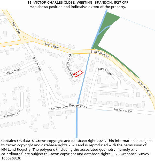 11, VICTOR CHARLES CLOSE, WEETING, BRANDON, IP27 0PF: Location map and indicative extent of plot