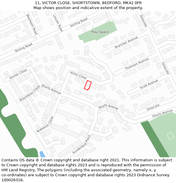 11, VICTOR CLOSE, SHORTSTOWN, BEDFORD, MK42 0FR: Location map and indicative extent of plot