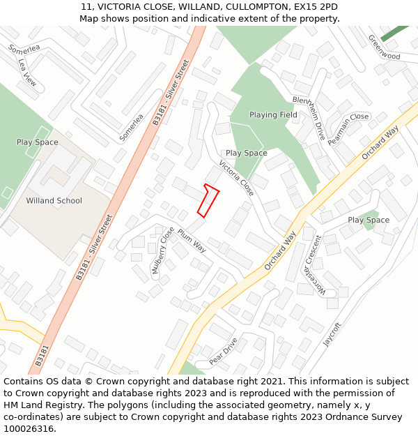 11, VICTORIA CLOSE, WILLAND, CULLOMPTON, EX15 2PD: Location map and indicative extent of plot