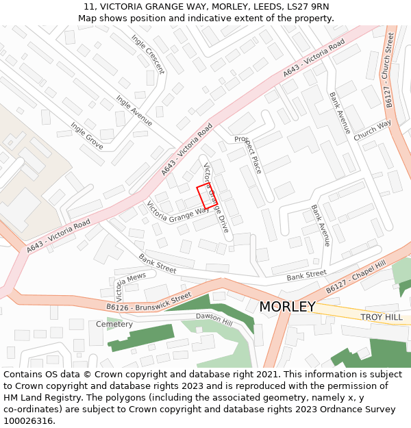 11, VICTORIA GRANGE WAY, MORLEY, LEEDS, LS27 9RN: Location map and indicative extent of plot