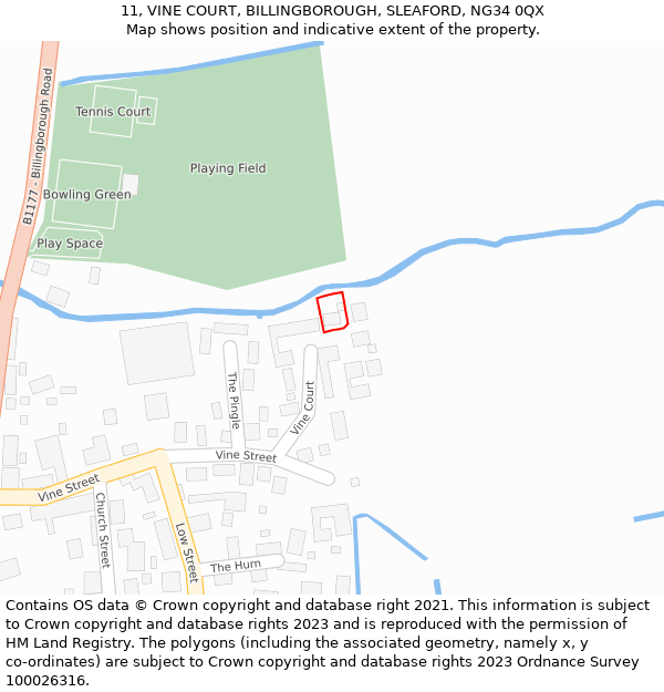 11, VINE COURT, BILLINGBOROUGH, SLEAFORD, NG34 0QX: Location map and indicative extent of plot