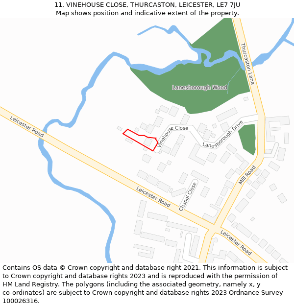 11, VINEHOUSE CLOSE, THURCASTON, LEICESTER, LE7 7JU: Location map and indicative extent of plot