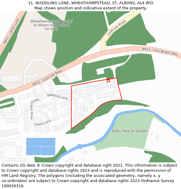 11, WADDLING LANE, WHEATHAMPSTEAD, ST. ALBANS, AL4 8FD: Location map and indicative extent of plot