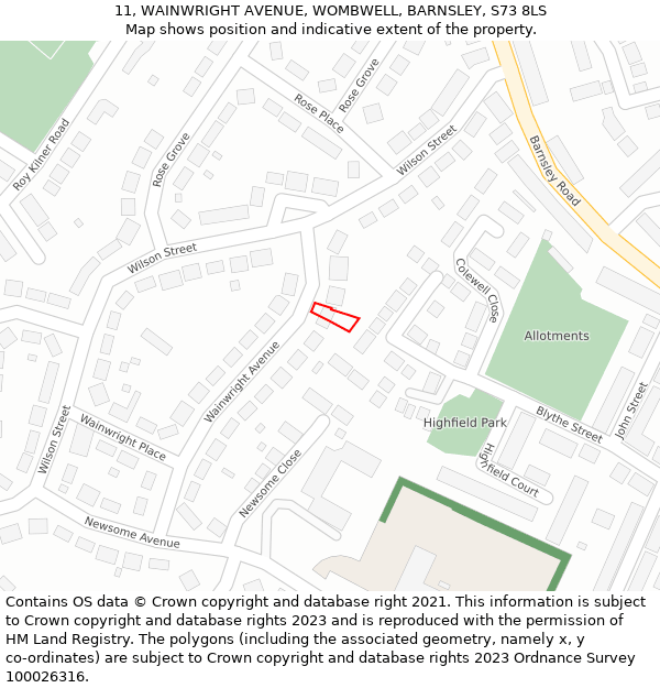 11, WAINWRIGHT AVENUE, WOMBWELL, BARNSLEY, S73 8LS: Location map and indicative extent of plot