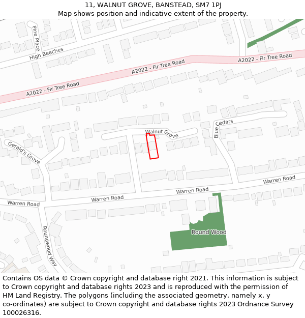 11, WALNUT GROVE, BANSTEAD, SM7 1PJ: Location map and indicative extent of plot