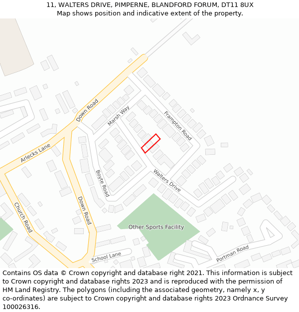 11, WALTERS DRIVE, PIMPERNE, BLANDFORD FORUM, DT11 8UX: Location map and indicative extent of plot