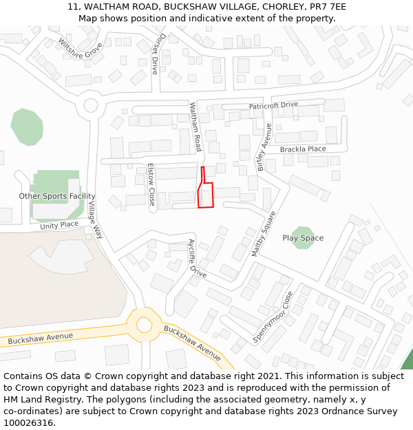 11, WALTHAM ROAD, BUCKSHAW VILLAGE, CHORLEY, PR7 7EE: Location map and indicative extent of plot
