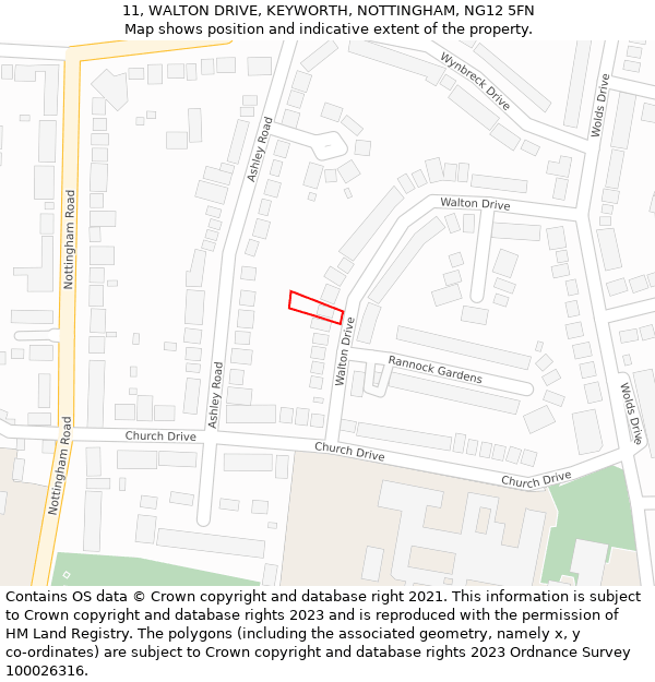 11, WALTON DRIVE, KEYWORTH, NOTTINGHAM, NG12 5FN: Location map and indicative extent of plot