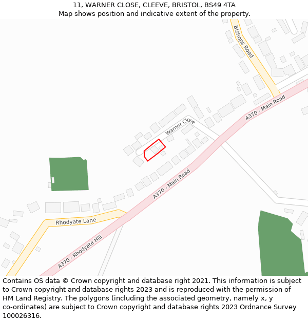 11, WARNER CLOSE, CLEEVE, BRISTOL, BS49 4TA: Location map and indicative extent of plot